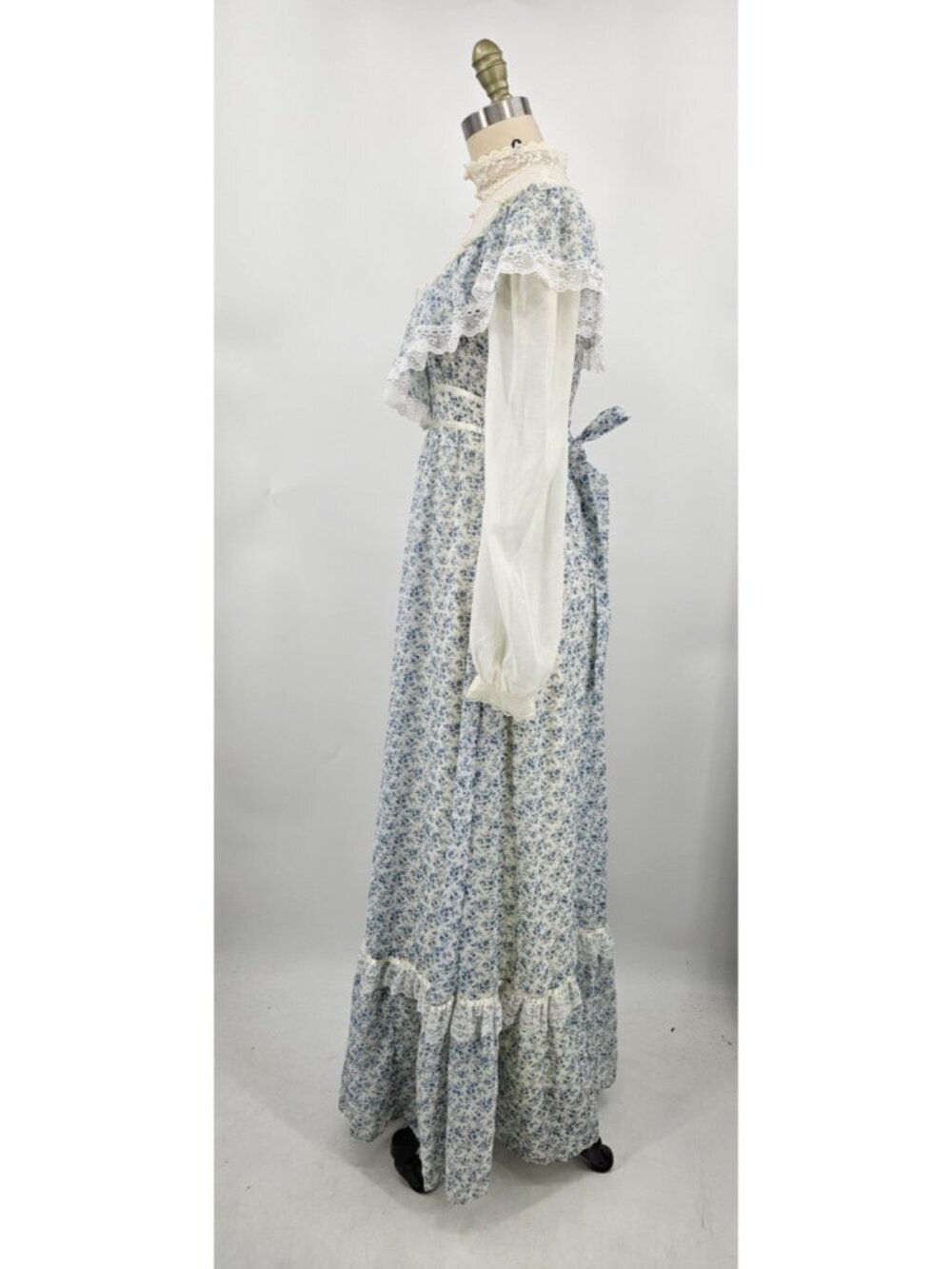 VTG Gunne Sax Prairie Maxi Dress Womens 5 Blue Floral Cottagecore Lace Gauze - Picture 6 of 8